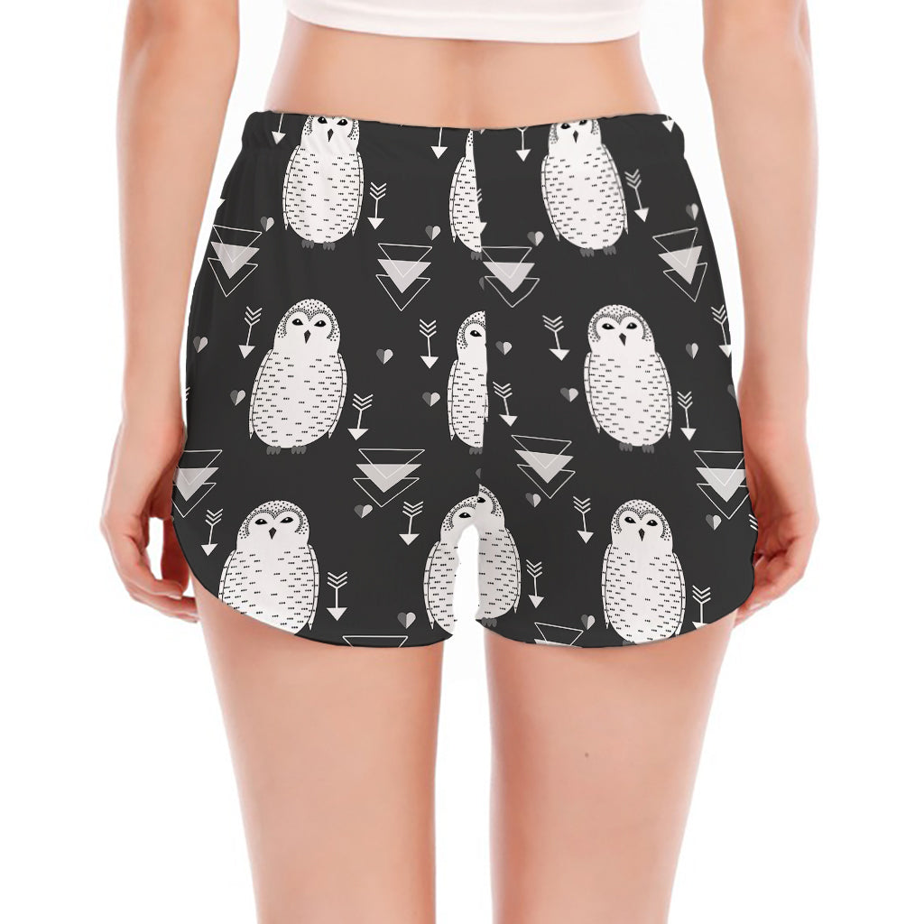 Cute White And Grey Owl Pattern Print Women's Split Running Shorts