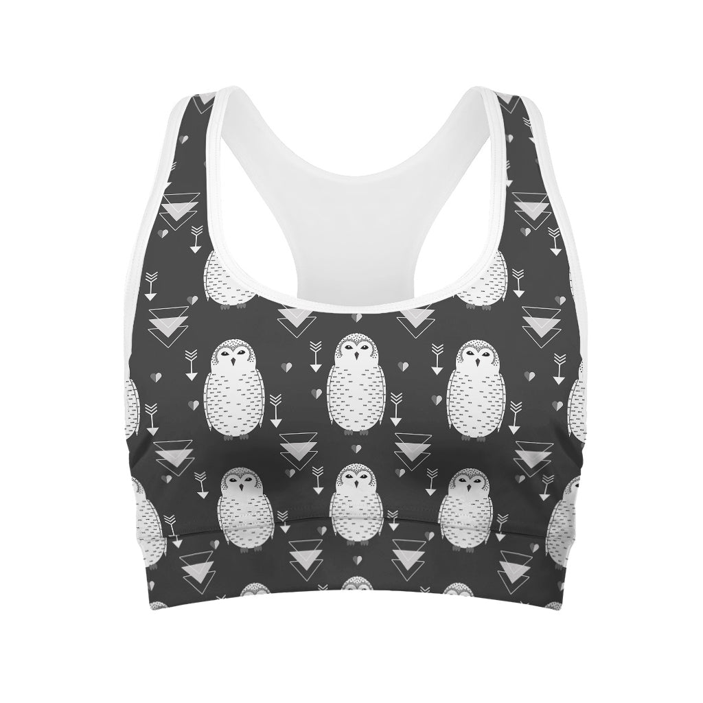 Cute White And Grey Owl Pattern Print Women's Sports Bra
