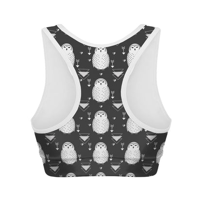 Cute White And Grey Owl Pattern Print Women's Sports Bra
