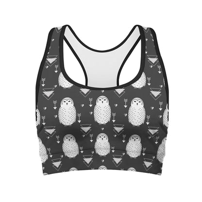 Cute White And Grey Owl Pattern Print Women's Sports Bra