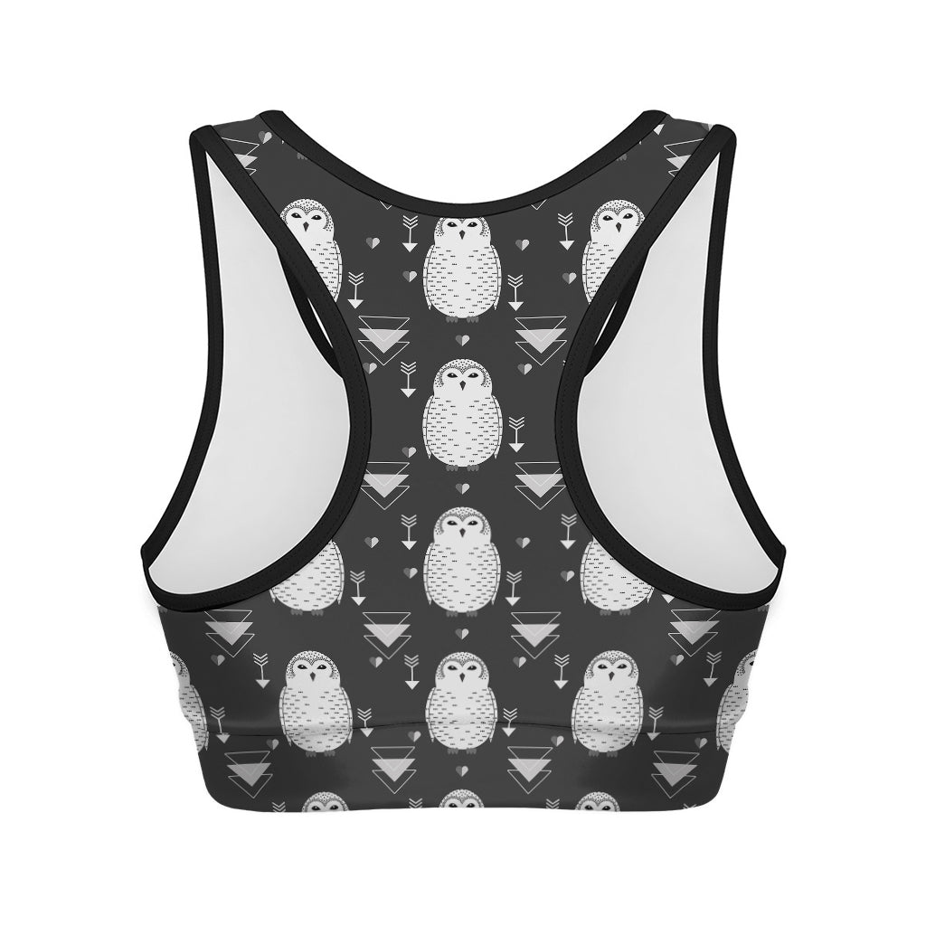 Cute White And Grey Owl Pattern Print Women's Sports Bra