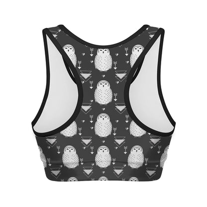 Cute White And Grey Owl Pattern Print Women's Sports Bra