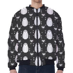 Cute White And Grey Owl Pattern Print Zip Sleeve Bomber Jacket