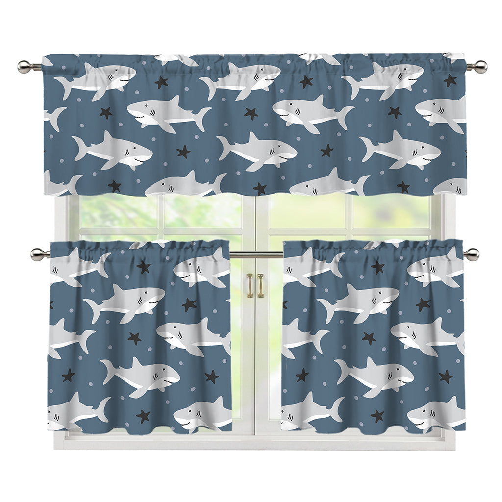Cute White Shark Pattern Print 3 Piece Kitchen Curtains