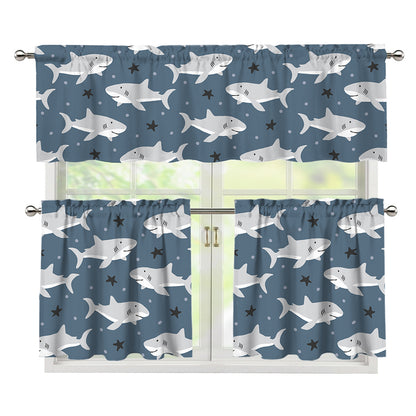 Cute White Shark Pattern Print 3 Piece Kitchen Curtains