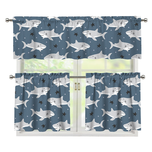 Cute White Shark Pattern Print 3 Piece Kitchen Curtains