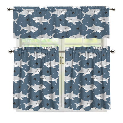 Cute White Shark Pattern Print 3 Piece Kitchen Curtains