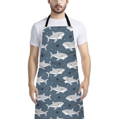 Cute White Shark Pattern Print Bib Apron With Pocket