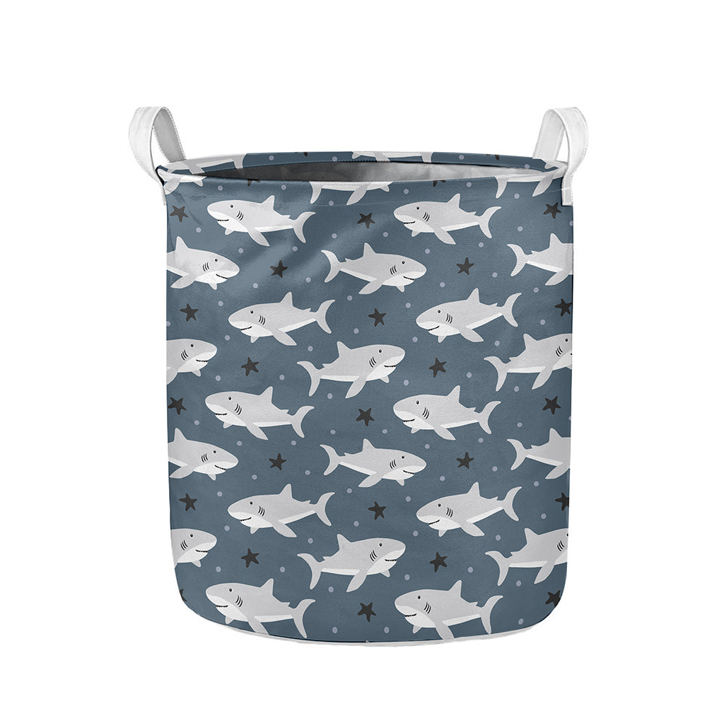 Cute White Shark Pattern Print Collapsible Laundry Basket