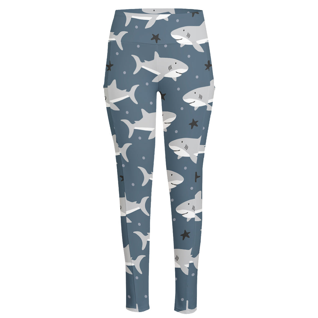 Cute White Shark Pattern Print High-Waisted Pocket Leggings