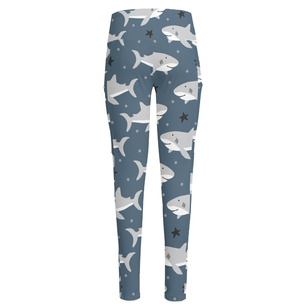 Cute White Shark Pattern Print High-Waisted Pocket Leggings