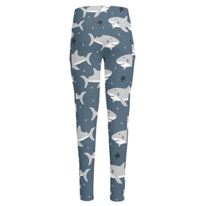 Cute White Shark Pattern Print High-Waisted Pocket Leggings