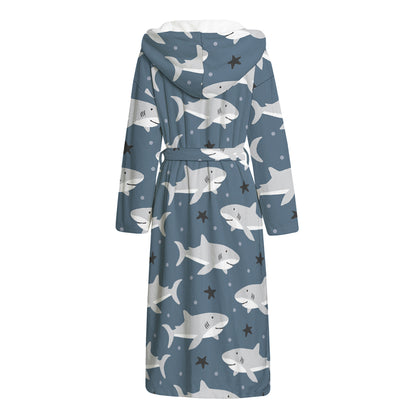 Cute White Shark Pattern Print Hooded Bathrobe