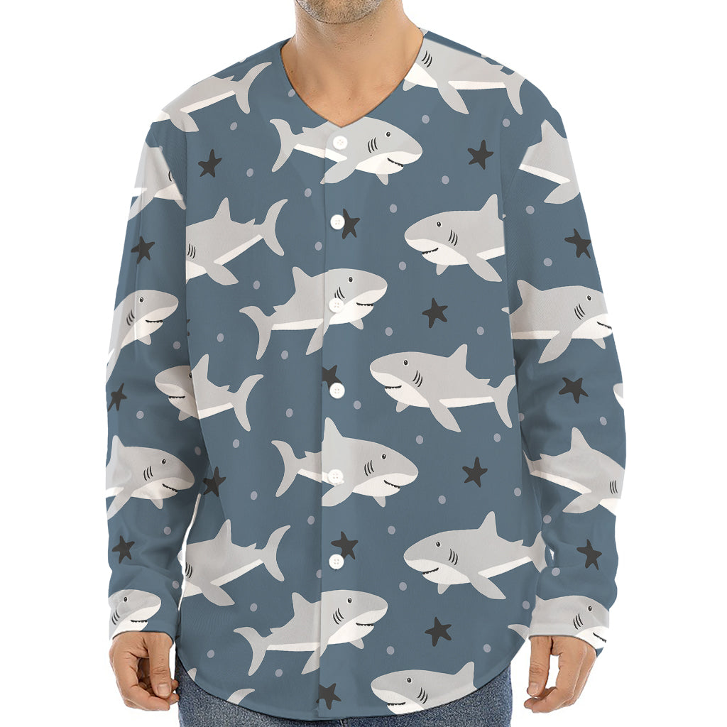 Cute White Shark Pattern Print Long Sleeve Baseball Jersey