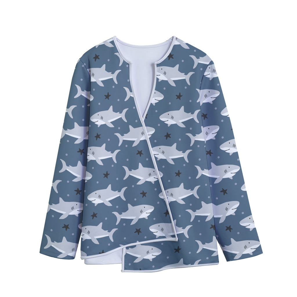 Cute White Shark Pattern Print Long Sleeve Short Coat