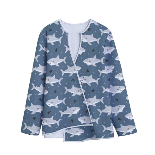 Cute White Shark Pattern Print Long Sleeve Short Coat