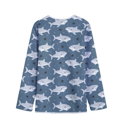 Cute White Shark Pattern Print Long Sleeve Short Coat