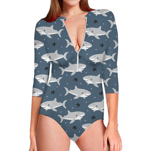 Cute White Shark Pattern Print Long Sleeve Swimsuit