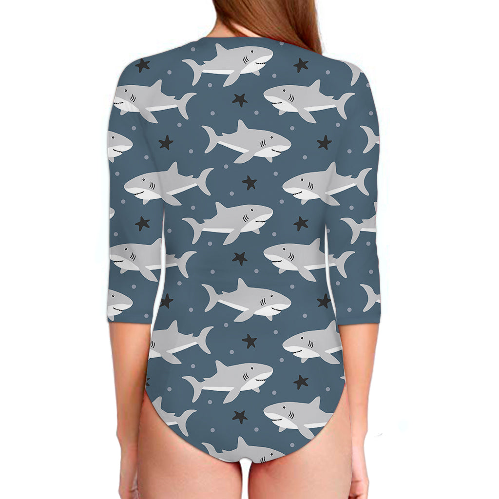 Cute White Shark Pattern Print Long Sleeve Swimsuit