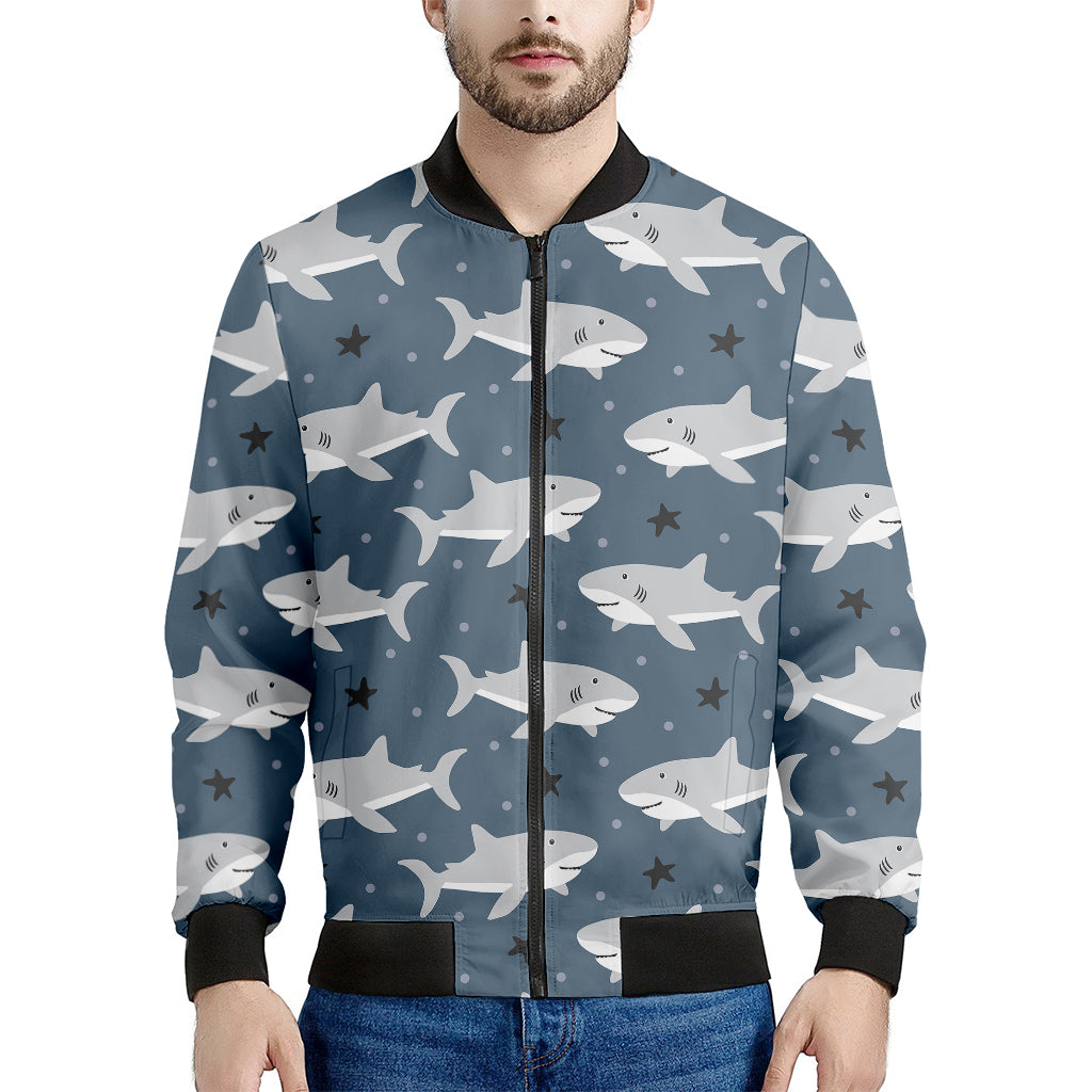 Cute White Shark Pattern Print Men's Bomber Jacket