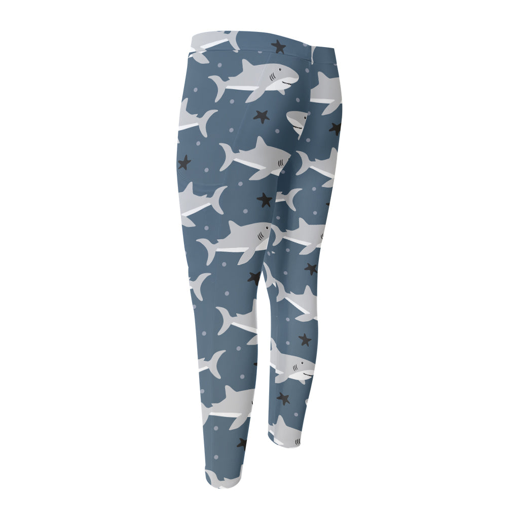 Cute White Shark Pattern Print Men's Compression Pants