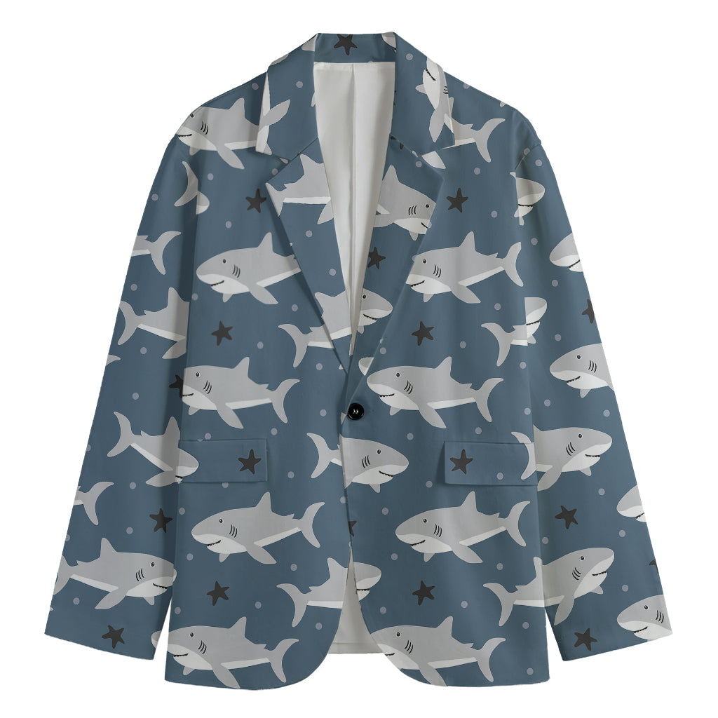 Cute White Shark Pattern Print Men's Cotton Blazer