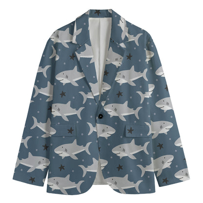 Cute White Shark Pattern Print Men's Cotton Blazer