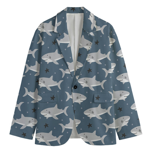 Cute White Shark Pattern Print Men's Cotton Blazer