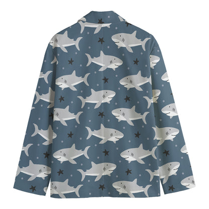 Cute White Shark Pattern Print Men's Cotton Blazer