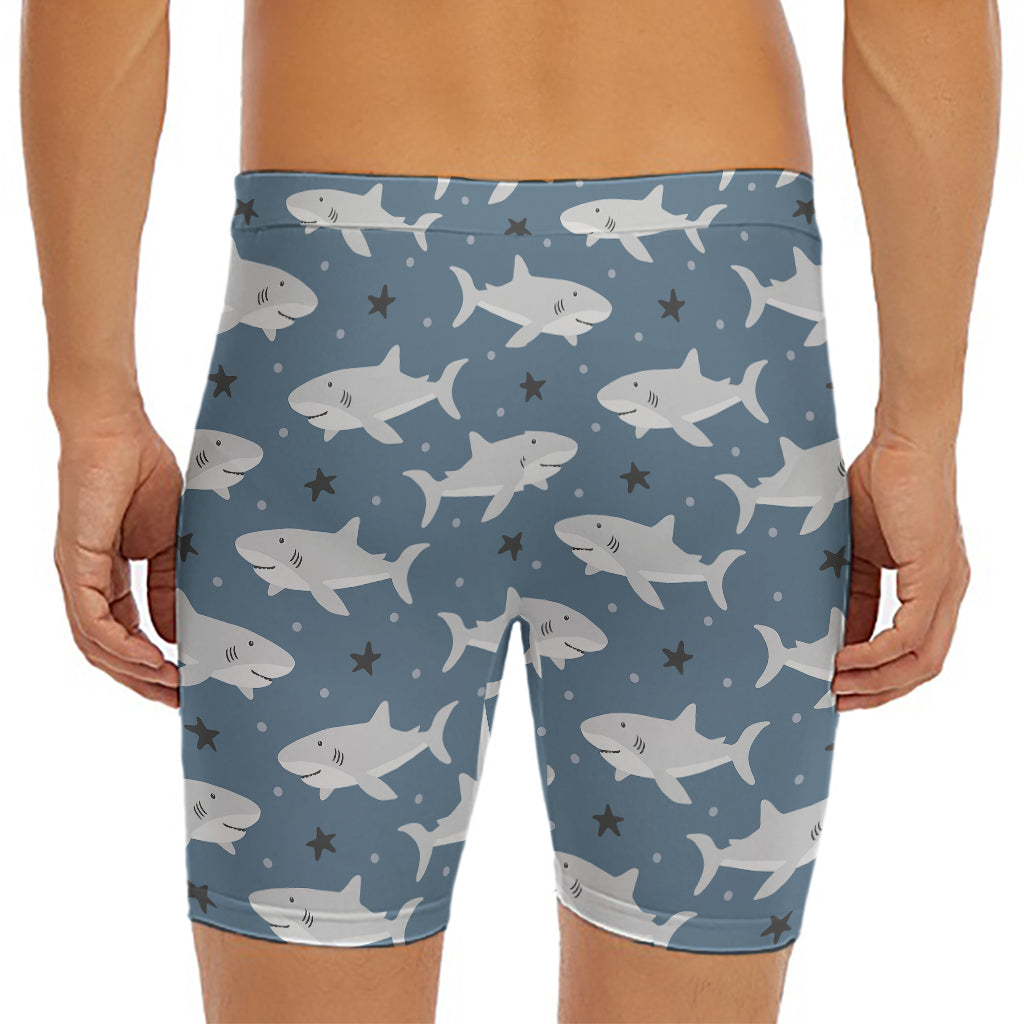 Cute White Shark Pattern Print Men's Long Boxer Briefs