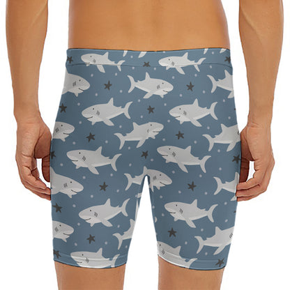 Cute White Shark Pattern Print Men's Long Boxer Briefs