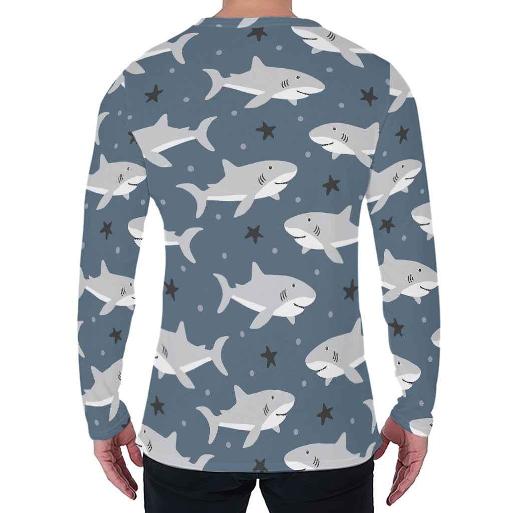 Cute White Shark Pattern Print Men's Long Sleeve T-Shirt