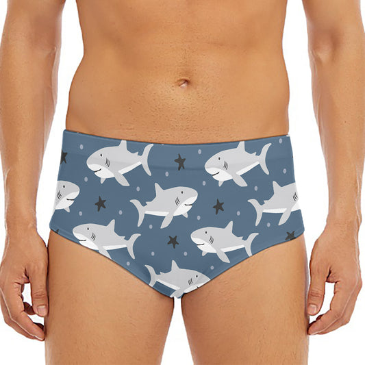 Cute White Shark Pattern Print Men's Triangle Swim Briefs