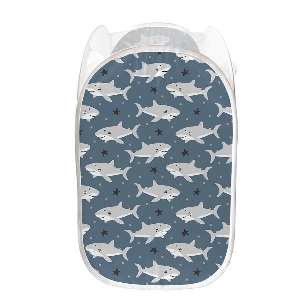 Cute White Shark Pattern Print Mesh Laundry Hamper