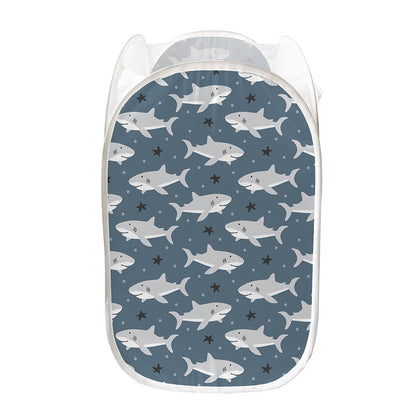 Cute White Shark Pattern Print Mesh Laundry Hamper