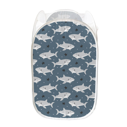Cute White Shark Pattern Print Mesh Laundry Hamper