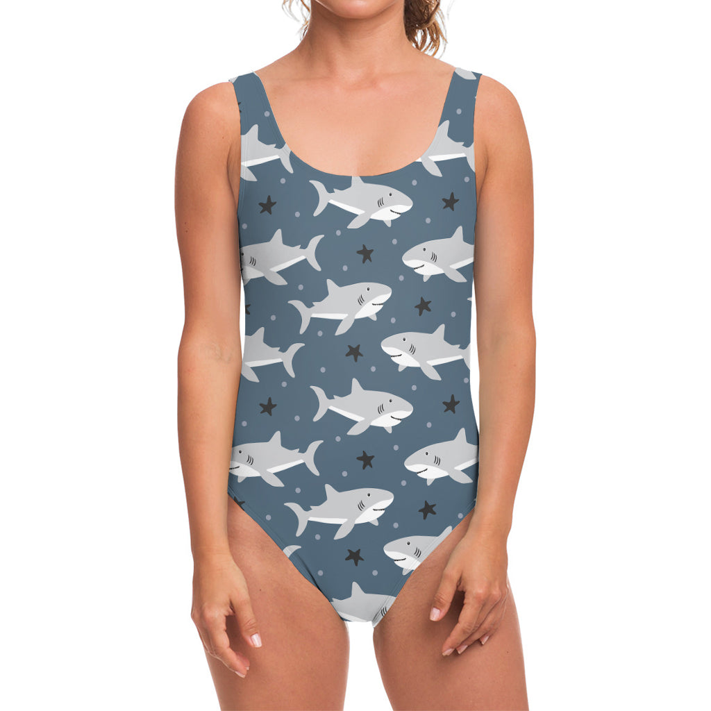 Cute White Shark Pattern Print One Piece Swimsuit