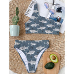 Cute White Shark Pattern Print One Shoulder Bikini Top