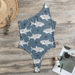 Cute White Shark Pattern Print One Shoulder Bodysuit