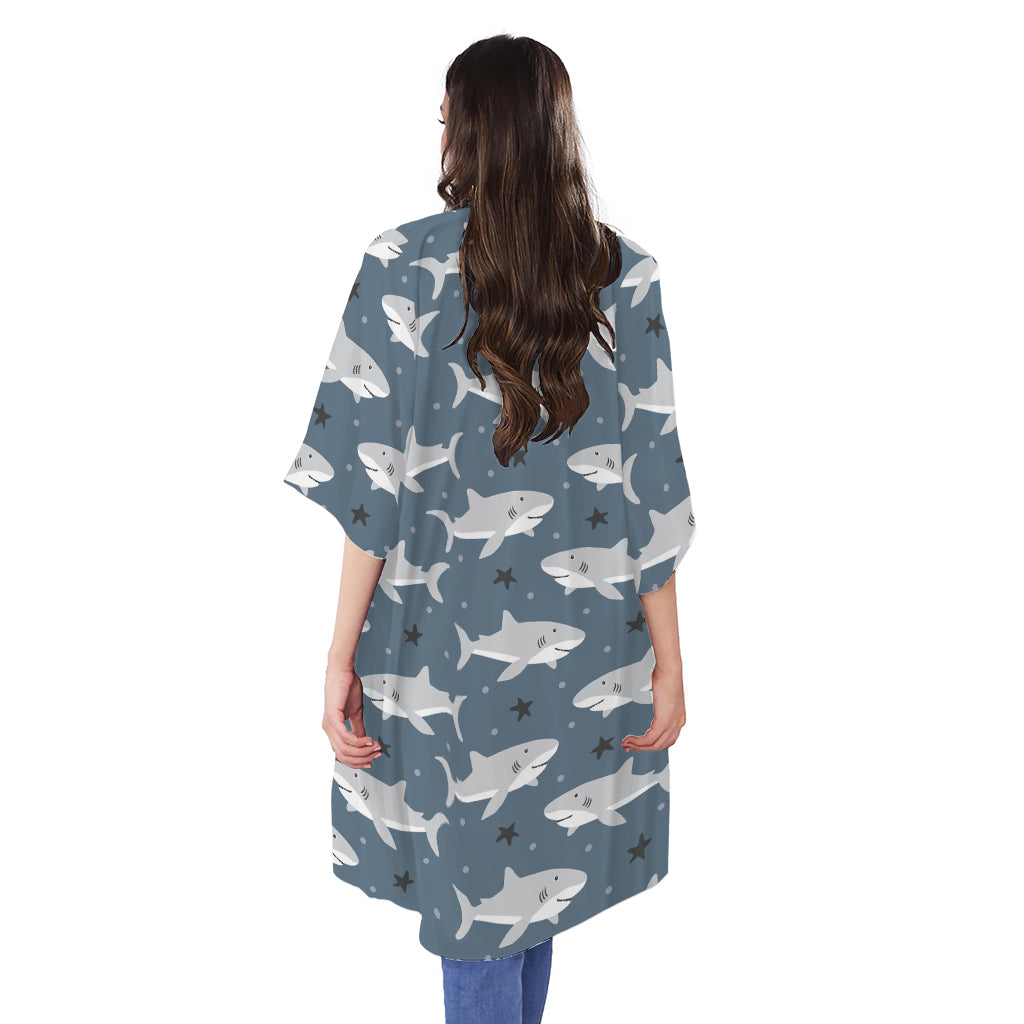 Cute White Shark Pattern Print Open Front Beach Cover Up