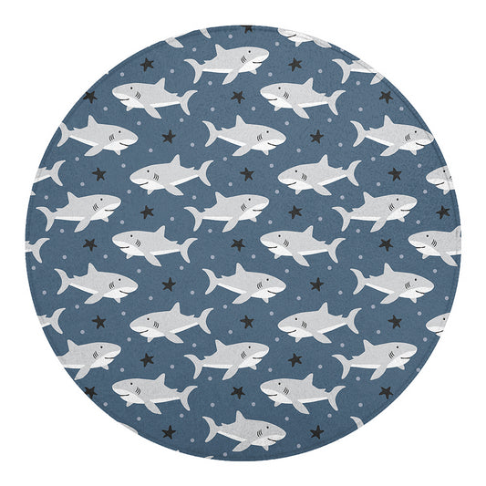 Cute White Shark Pattern Print Round Blanket