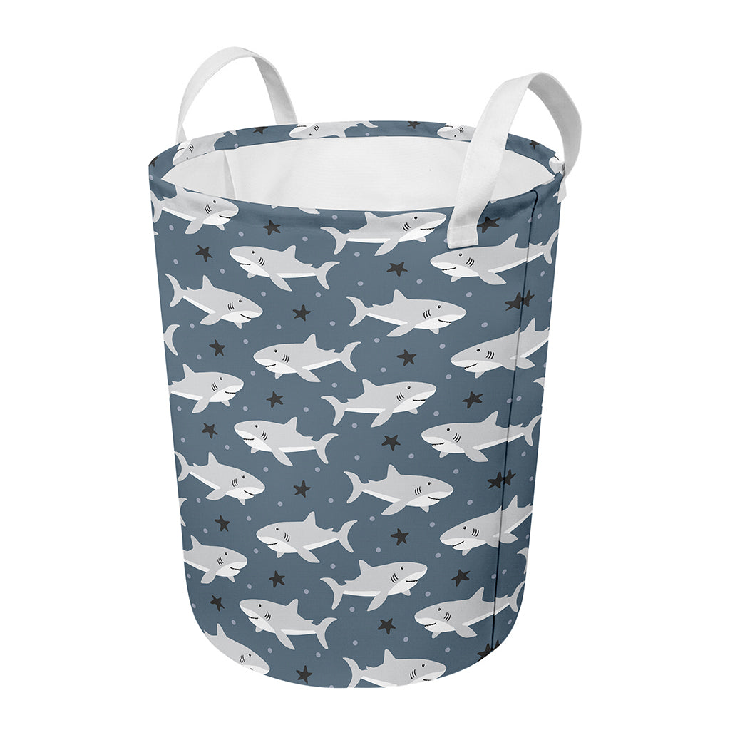 Cute White Shark Pattern Print Round Laundry Basket