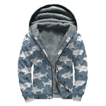 Cute White Shark Pattern Print Sherpa Lined Zip Up Hoodie