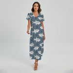 Cute White Shark Pattern Print Short Sleeve Maxi Dress