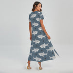 Cute White Shark Pattern Print Short Sleeve Maxi Dress