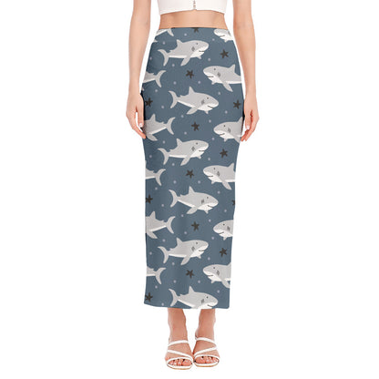 Cute White Shark Pattern Print Side Slit Maxi Skirt