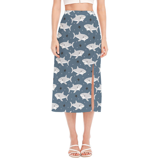 Cute White Shark Pattern Print Side Slit Midi Skirt