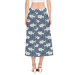 Cute White Shark Pattern Print Side Slit Midi Skirt