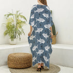 Cute White Shark Pattern Print Silk V-Neck Kaftan Dress