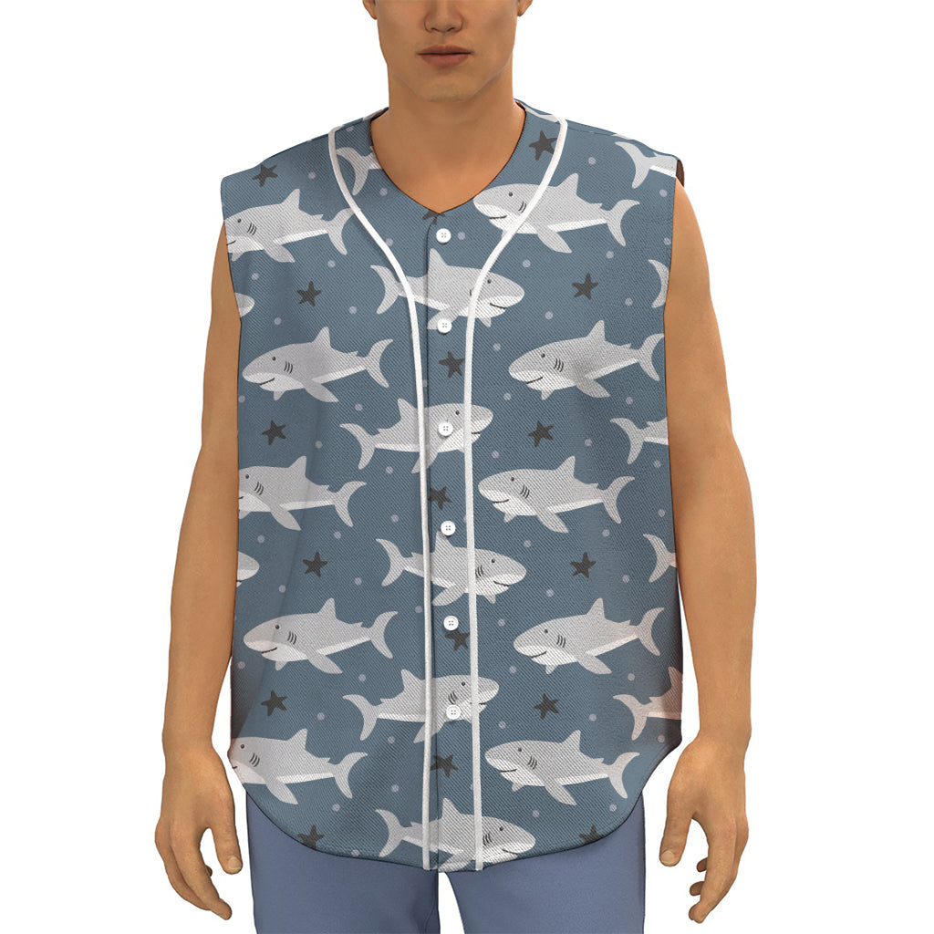 Cute White Shark Pattern Print Sleeveless Baseball Jersey
